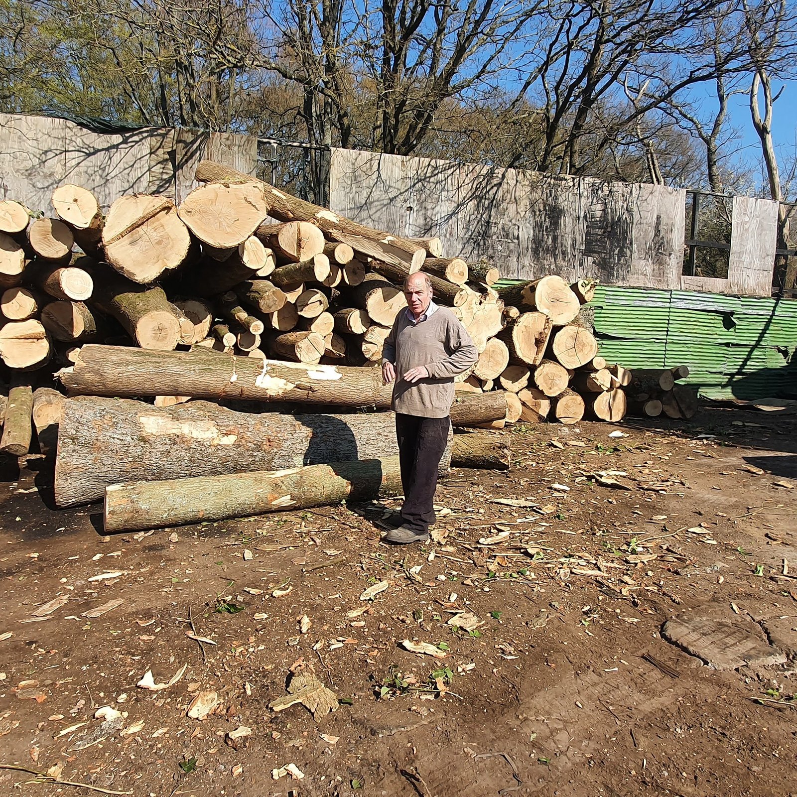 Woodham Nursery's founder standing beside locally sourced timber
